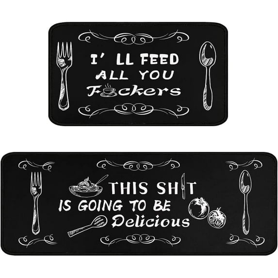 Black Kitchen Rugs and Mats Sets of 2, Funny Kitchen Decoration Rubber Backing Non-Slip Absorbent Mats for Sink Waterproof Runner Rug for Laundry Room 17x30+17x48inch