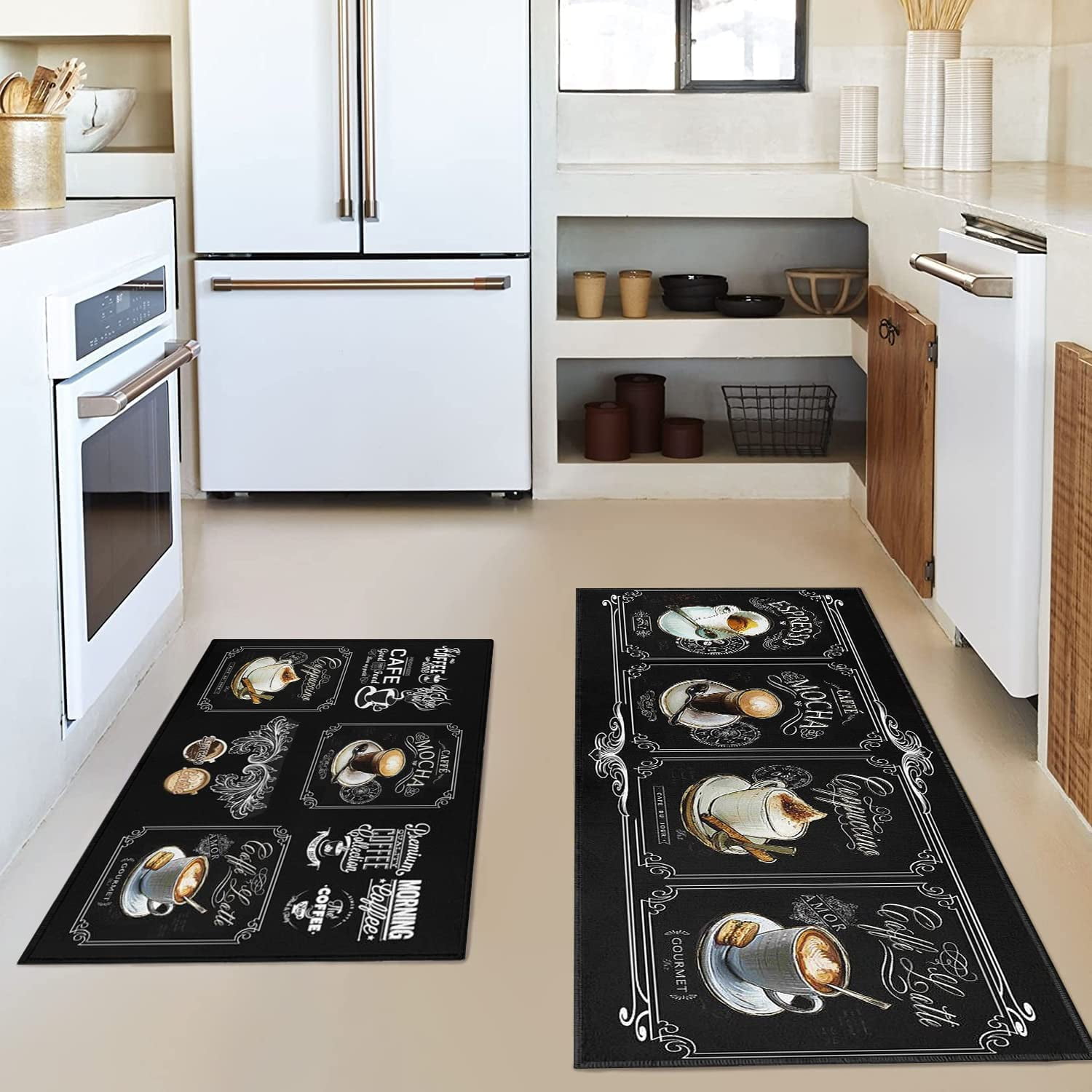 Black Kitchen Rugs and Mats Sets of 2, Funny Kitchen Decoration Rubber Backing Non-Slip Absorbent Mats for Sink Waterproof Runner Rug for Laundry Room 17x30+17x48inch