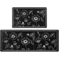 Black Kitchen Rugs Set of 2 Cushioned Black Kitchen Mats for Floor Non-Slip Waterproof Black and White Kitchen Rugs Black Flowers for Kitchen, Home, Office, Laundry 17x29 and 17x47 Inch