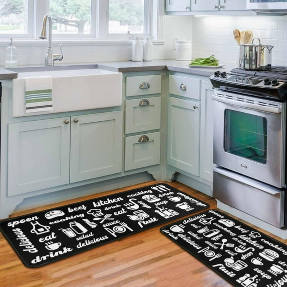 Black Kitchen Rugs Set of 2 - Kitchen Floor Mats Non-Slip Backing - Kitchen Mat Washable Doormat Runner Rug Set for Home Accessories and Decor 17x47.2 and 17x30 inches.