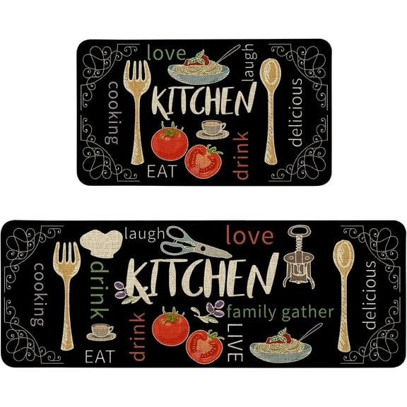Black Kitchen Rugs Sets of 2 Non Slip Washable, Rustic Farmhouse Kitchen Mats for Floor 2 Piece Home Decor