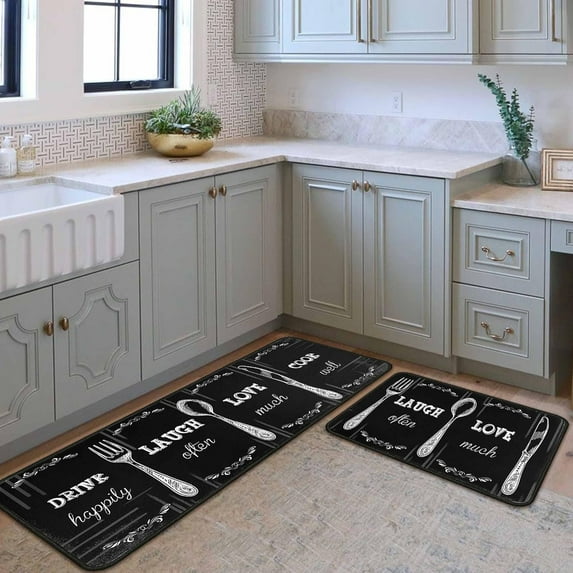 Black Kitchen Rugs and Mats Non-Slip, Washable, Stain and Fade Resistant, Suitable for Kitchen Mat Set of 2 Dinnerware Kitchen Decor