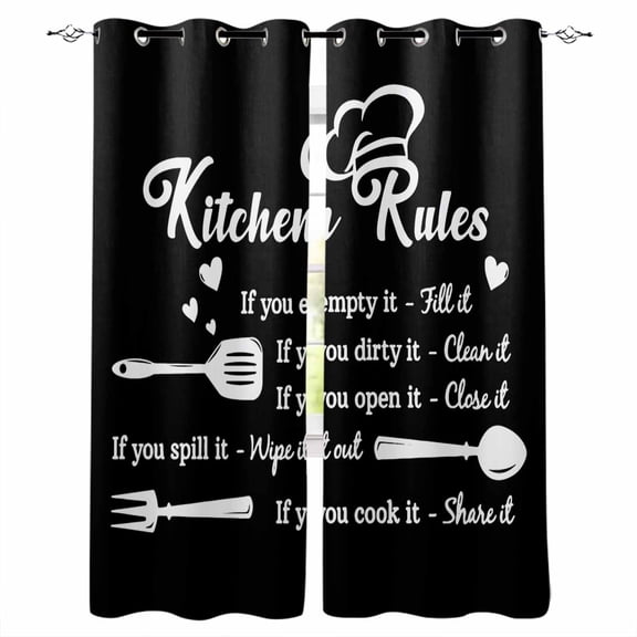 Black Kitchen Rules Blackout Curtains for Bedroom/Living Room, Thermal Insulated Kitchen Curtains, White Words Love Heart Grommet Darkening Window Treatment Drapes 27.5"x39"x2
