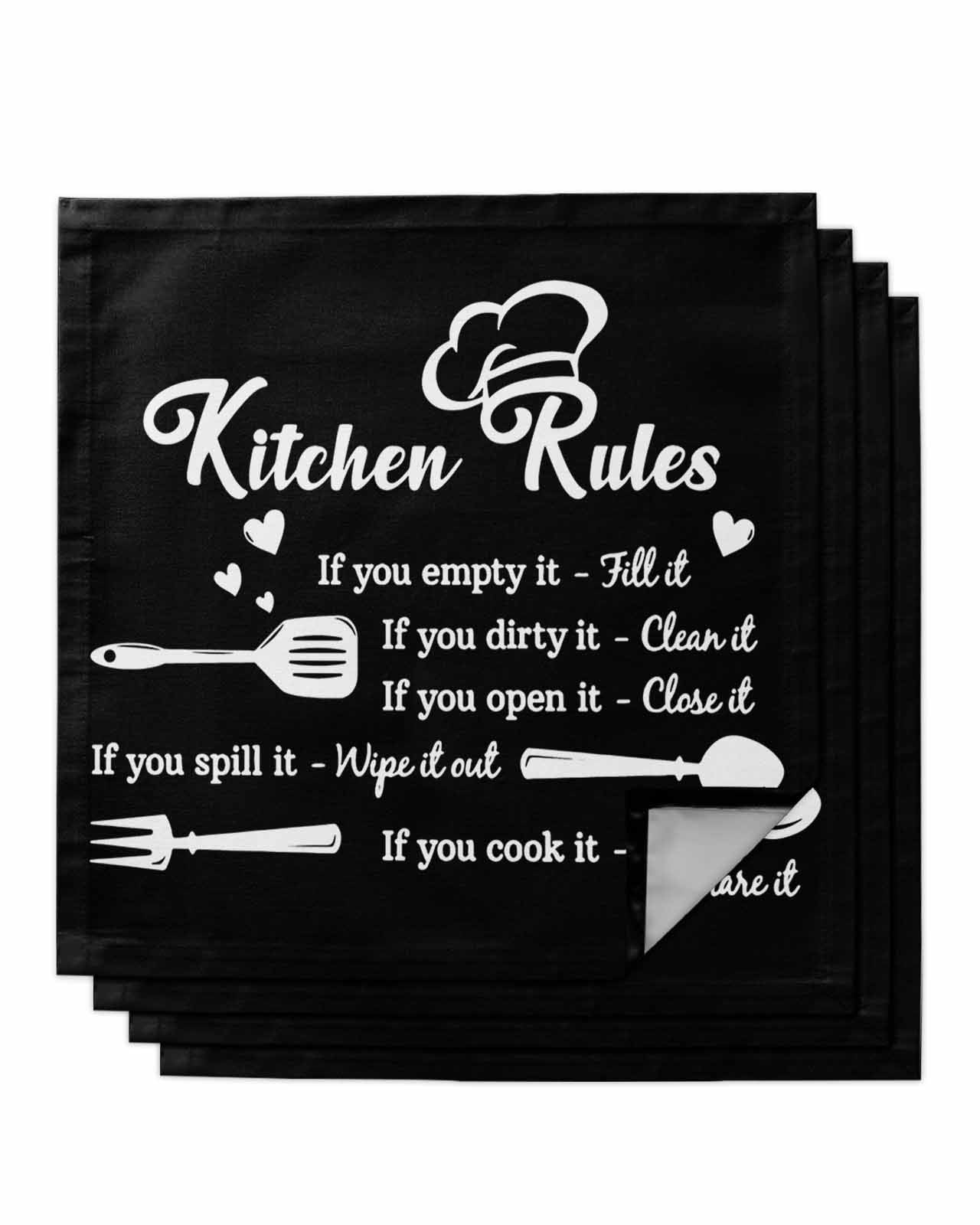 Black Kitchen Rules Cloth Napkins Set of 4, White Words Love Heart ...