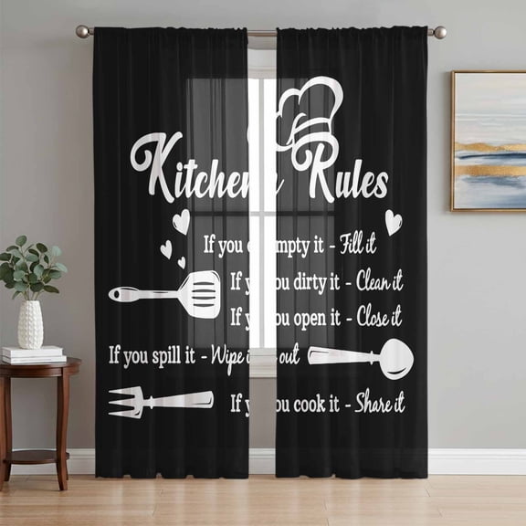 Black Kitchen Rules Sheer Curtains 108 Inch Length 2 Panels Set, White Words Love Heart Voile Window Treatment Semi Sheer Long Curtains Drapes for Bedroom/Living Room/Kitchen 52"x108"x2