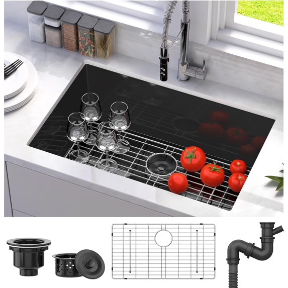 Black Kitchen Sink 30" x 18" x 9" Undermount Sink Single Bowl 16 Gauge ...