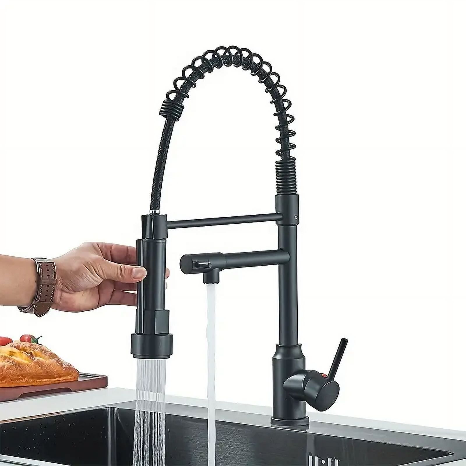 Black Kitchen Sink Faucet Pull Down Sprayer Single Handle 1Hole Swivel Mixer Tap
