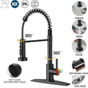 Black Kitchen Faucet with Pull Down Sprayer(3-Mode), Spring Stainless Steel Single Handle Kitchen Sink Faucets with PEX Hose & Deck Plate for 1/3 Holes for RV Laundry Camper