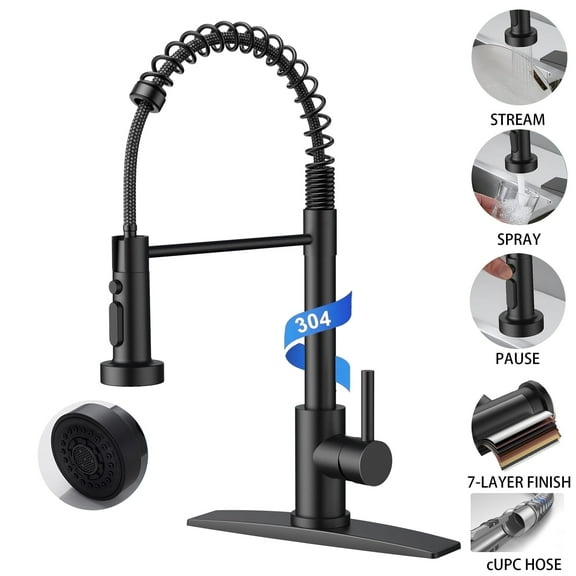 TVOFEK Stainless Steel Kitchen Faucets with 3-Mode Sprayer, Black Spring Kitchen Sink Faucet with Deck Plate fits 3 Hole for RV Laundry Vessel