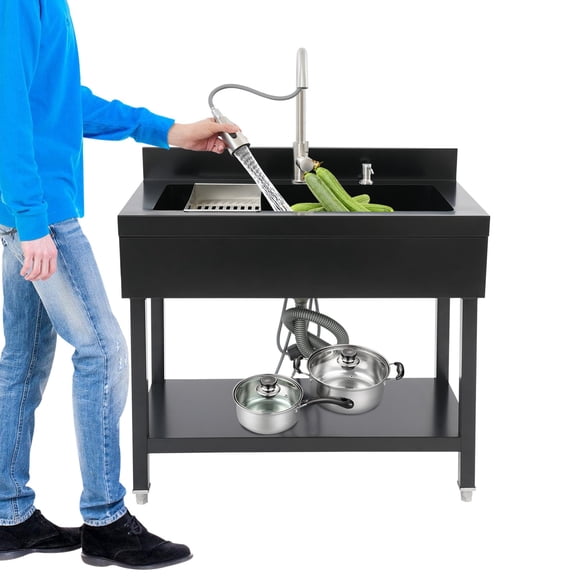 Black Kitchen Sink, Freestanding Utility Sink with Pull-Out Faucet, Stainless Steel Laundry Tub, 2 Water Modes, Large Capacity for Pet Washing