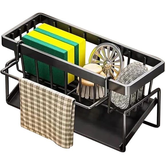 Black Kitchen Sink Sponge Holder with Automatic Drainage Tray,Rust Proof Stainless Steel Kitchen Sponge Storage,Self Draining Dishwashing Soap Sponge Rack Suitable for Counters