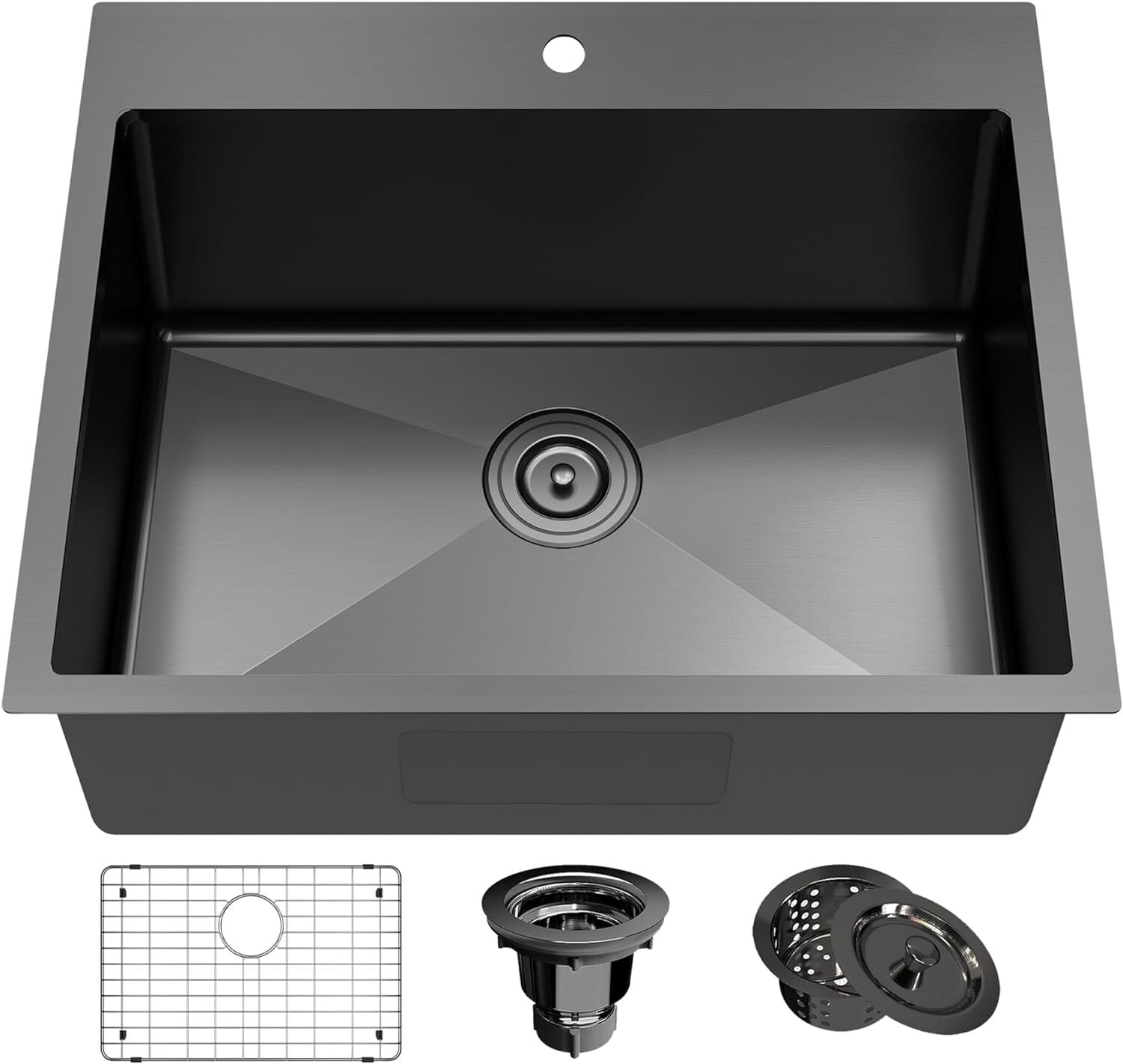 Black Kitchen Sink Stainless Steel 25 x 22 Inch Single Bowl Drop In Kitchen Sink Topmount 18 Gauge Stainless Steel Single Bowl Kitchen Sink Single Basin with Bottom Grid Drain Strainer Set