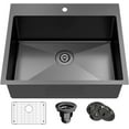 thumbnail image 1 of Black Kitchen Sink Stainless Steel 25 x 22 Inch Single Bowl Drop In Kitchen Sink Topmount 18 Gauge Stainless Steel Single Bowl Kitchen Sink Single Basin with Bottom Grid Drain Strainer Set, 1 of 7