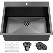 Black Kitchen Sink Stainless Steel 25 x 22 Inch Single Bowl Drop In Kitchen Sink Topmount 18 Gauge Stainless Steel Single Bowl Kitchen Sink Single Basin with Bottom Grid Drain Strainer Set