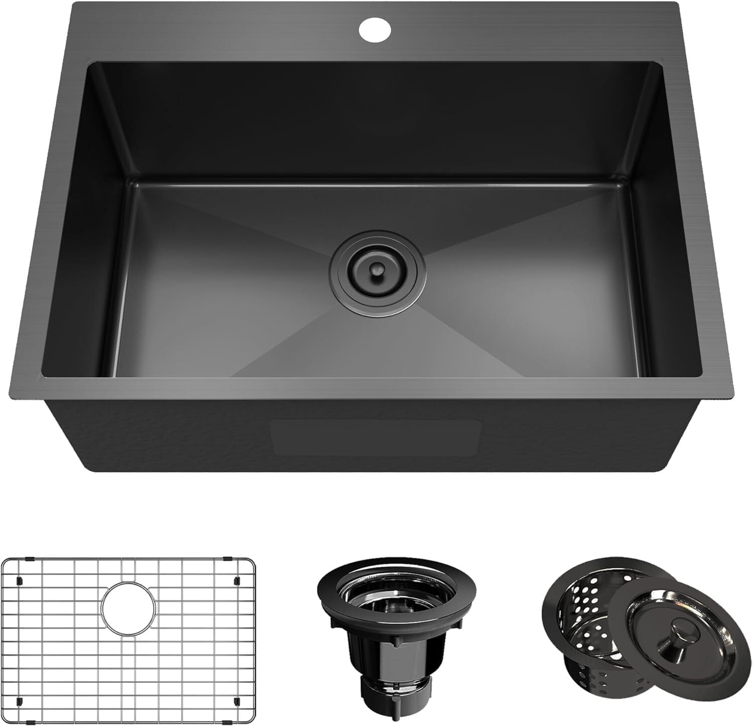 Black Kitchen Sink Stainless Steel 28 x 20 Inch Single Bowl Drop In Kitchen Sink Topmount 18 Gauge Stainless Steel Kitchen Sink Single Basin with Bottom Grid Drain Strainer Set