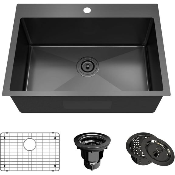 Black Kitchen Sink Stainless Steel 28 x 20 Inch Single Bowl Drop In Kitchen Sink Topmount 18 Gauge Stainless Steel Kitchen Sink Single Basin with Bottom Grid Drain Strainer Set