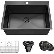 Black Kitchen Sink Stainless Steel 28 x 20 Inch Single Bowl Drop In Kitchen Sink Topmount 18 Gauge Stainless Steel Kitchen Sink Single Basin with Bottom Grid Drain Strainer Set