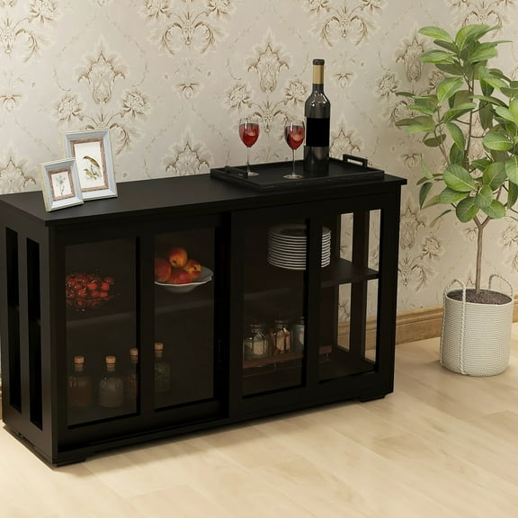 Black Kitchen Storage Cupboard With Glass Front. Built Robust Material For Durability. Two Sliding Doors And Adjustable Shelves Custom Requirements. Non-slip Bottom To Keep Cabinet Stationary. Easy