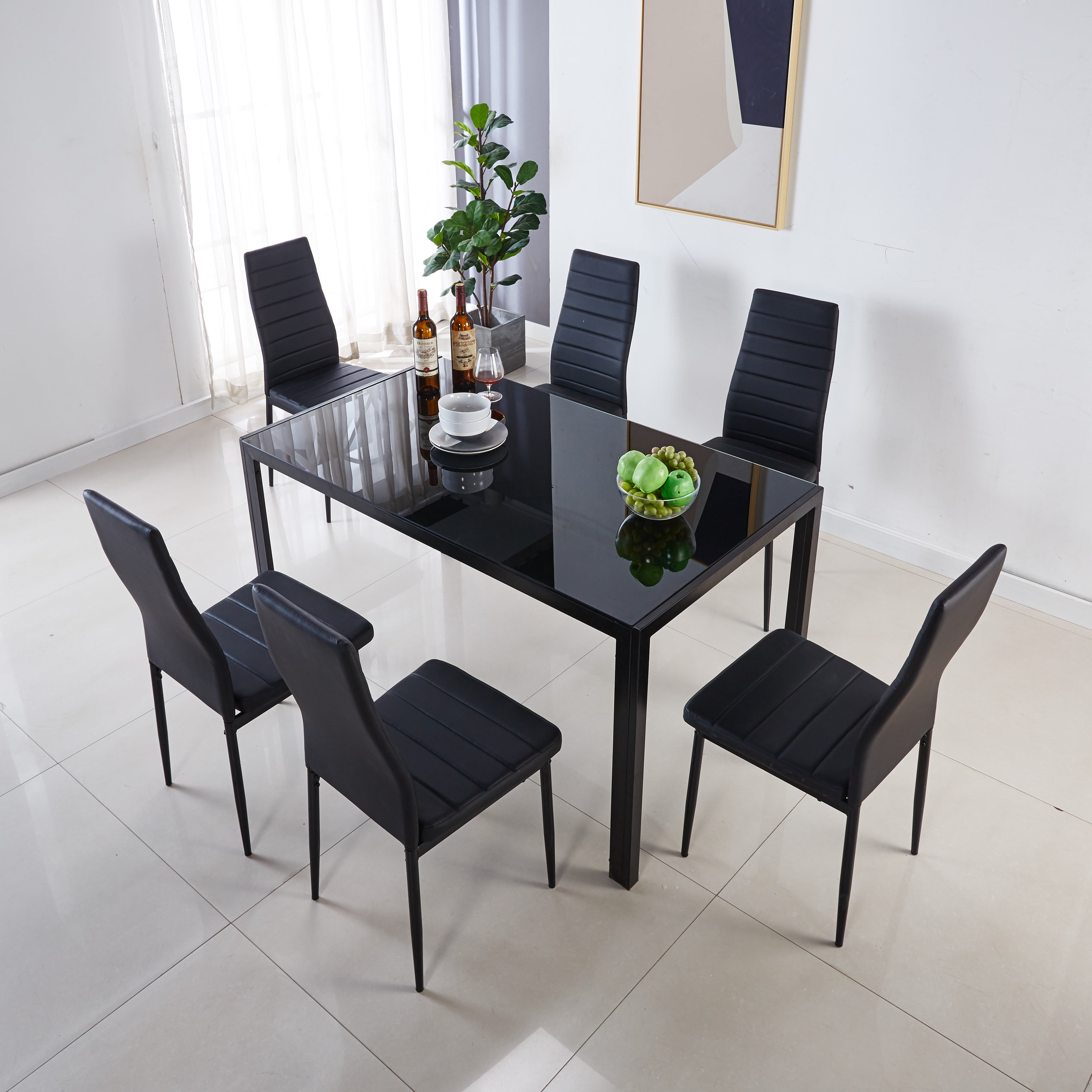 Black Kitchen Table & Chair Set, Tempered Glass Dining Table & 6 Chairs