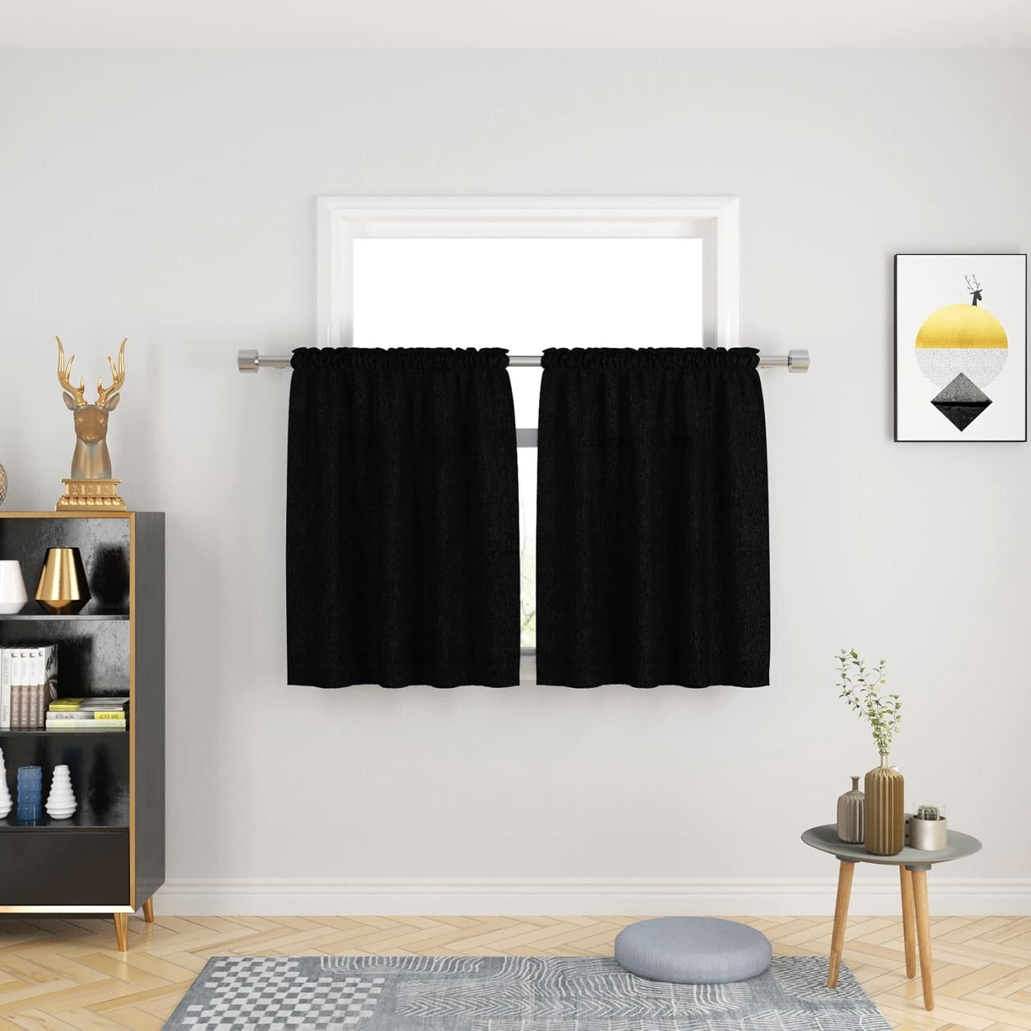 Black Kitchen Tiers Curtains Over Sink Privacy Linen Textured 36 inch ...