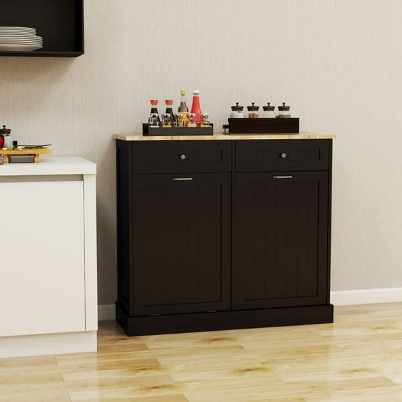 Black Kitchen Tilt-Out Trash Cabinet (Fits 10 Gallon Cans 2 Drawers+2 Compartments, E1 MDF, UV-Painted, Island Extender)