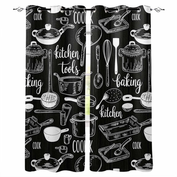 Black Kitchen Tools Blackout Curtains for Bedroom, Modern Cooking Utensil Farmhouse Cookware Room Darkening Window Drapes for Living Room, Thermal Insulated Grommet Curtains, 27.5x39 inch, 2 Panels