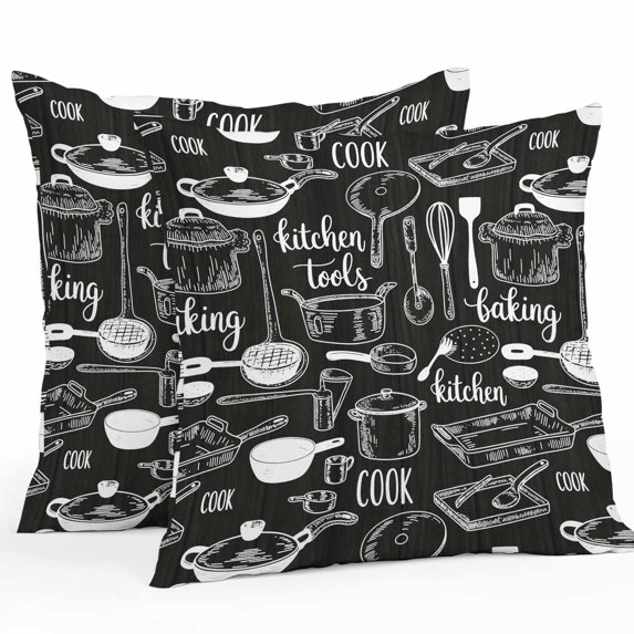 Black Kitchen Tools Throw Pillow Covers 26x26 Inch Set of 2, Modern Cooking Utensil Farmhouse Cookware Waterproof Outdoor Pillow Covers, Decorative Cushion Pillowcases for Couch, Sofa, Bed, Patio