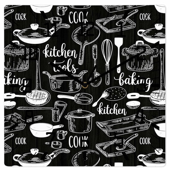 Black Kitchen Tools Wooden Wall Clock Silent Non Ticking, Modern Cooking Utensil Farmhouse Cookware Square Wall Clocks Battery Operated, Decor Clock for Home Office, Living Room, Kitchen, 12 Inch