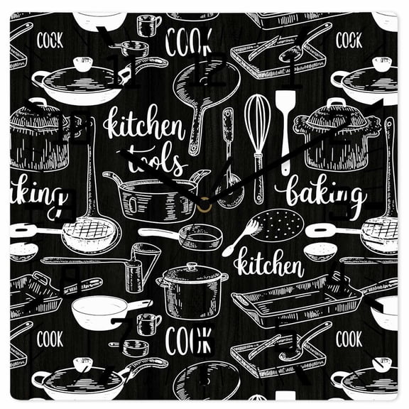 Black Kitchen Tools Wooden Wall Clock Silent Non Ticking, Modern Cooking Utensil Farmhouse Cookware Square Wall Clocks Battery Operated, Decor Clock for Home Office, Living Room, Kitchen, 12 Inch