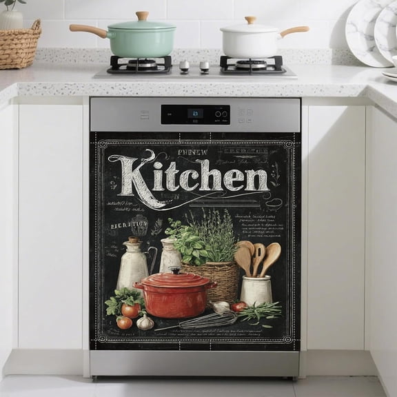 Black Kitchen Utensils Dishwasher Magnet Cover Front Dishwasher Sticker Reusable Waterproof Removable Refrigerator Magnet Cover for Home Kitchen Appliance 23x26 Inch