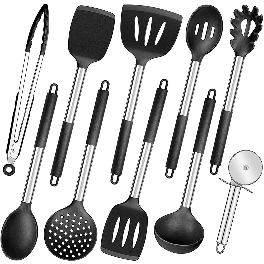 NutriChef 10 Pcs. Silicone Heat Resistant Kitchen Cooking Utensils Set -  Non-Stick Baking Tools with PP Holder (Silver and Black) NCUTL10GD - The  Home Depot
