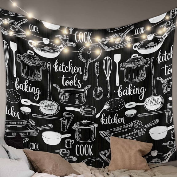 Black Kitchenware Large Tapestry for Bedroom Wall Hanging Tapestry,Modern Funny Cook Tools Spoons Forks Ceiling Backdrop Tapestries Poster Blanket Wall Decor for Teens Room Living Room 100" x 59"