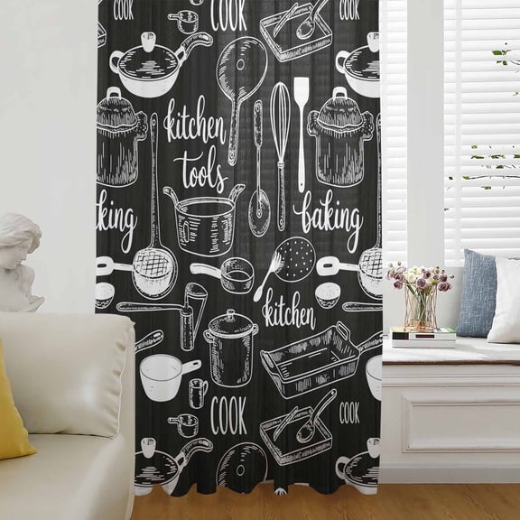 Black Kitchenware Sheer Curtains 63 Inches Long for Living Room/Bedroom, Modern Funny Cook Tools Spoons Forks Rod Pocket Voile Kitchen Curtains & Drapes Window Treatment 1 Panel, 52"W x 63"L