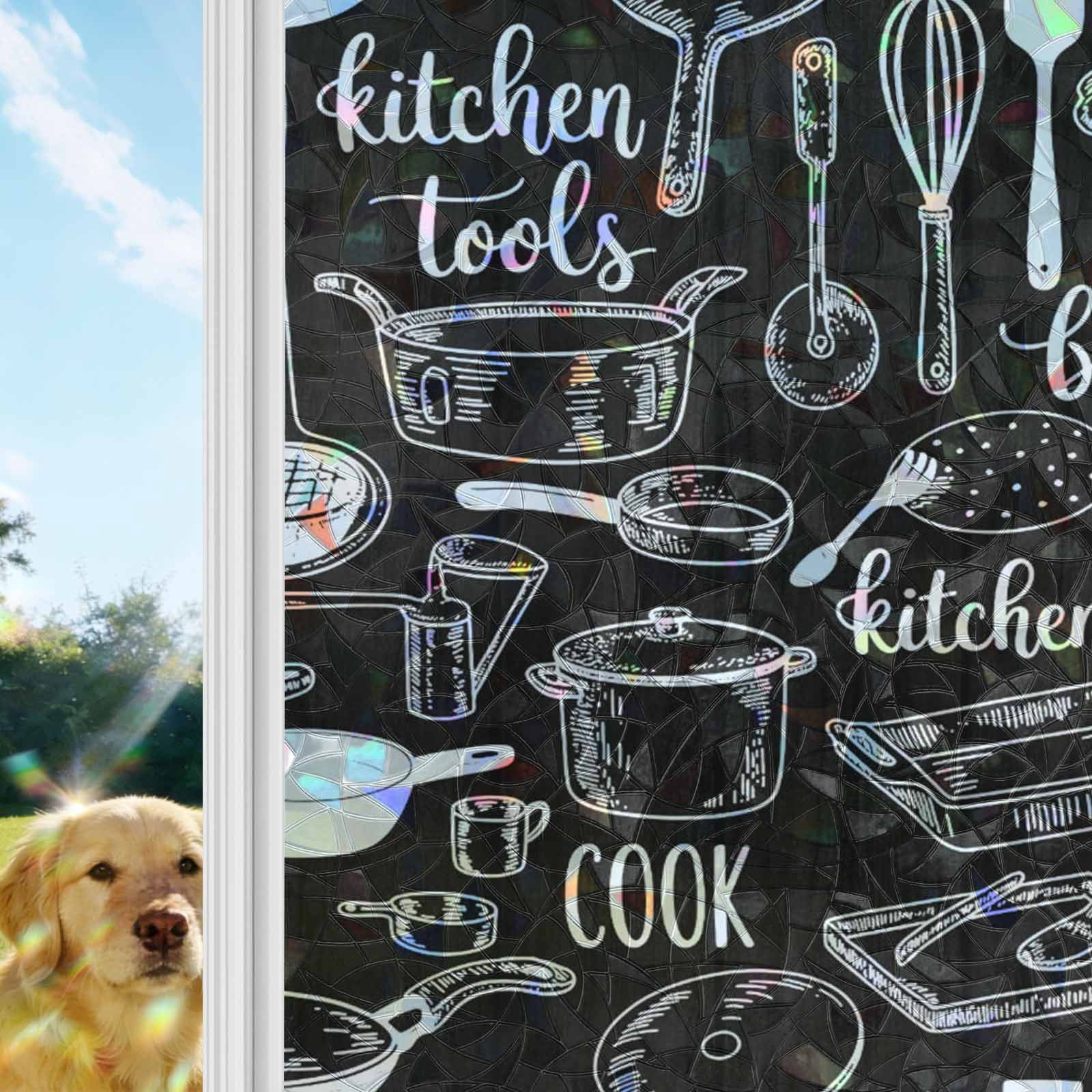 Spoon Window Sticker Black Kitchenware Window Privacy Film Stain Glass,Reusable Decorative ...