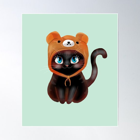 Black Kitten Bear Hat Poster Wall Art, Modern Wall Decor For Living Room Bedroom, 24x36 UNFRAMED