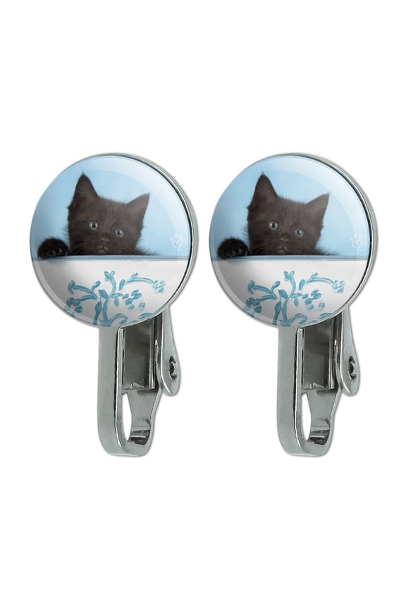 Black Kitten Cat in Bucket Tin Pail Novelty Clip-On Stud Earrings