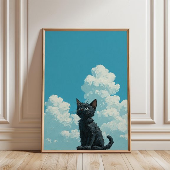 Black Kitten Dreamy Clouds Art Print Whimsical Animal Sky Decor, Unframed Paper Print