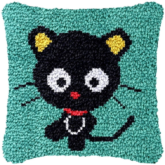 Black Kitten Green Latch Hook Kits Pillow Cover DIY Rug Making Crochet Hook Cushion Making Kits with Preprinted Pattern Canvas DIY Needlework Crochet Kits Sofa Decor 43x43cm
