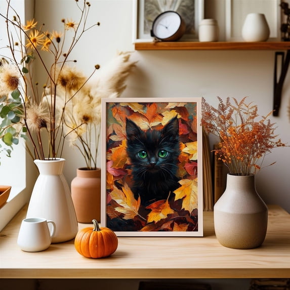 Black Kitten In Fall Leaves Poster, Cat Lover, Cute Autumn, Seasonal ...