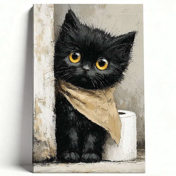 Black Kitten Painting Canvas Wall Art Whimsical Kitty with Scarf Poster Textured Oil Animal Picture Living Room Bathroom Decor Ready to Hang 12" x 16"