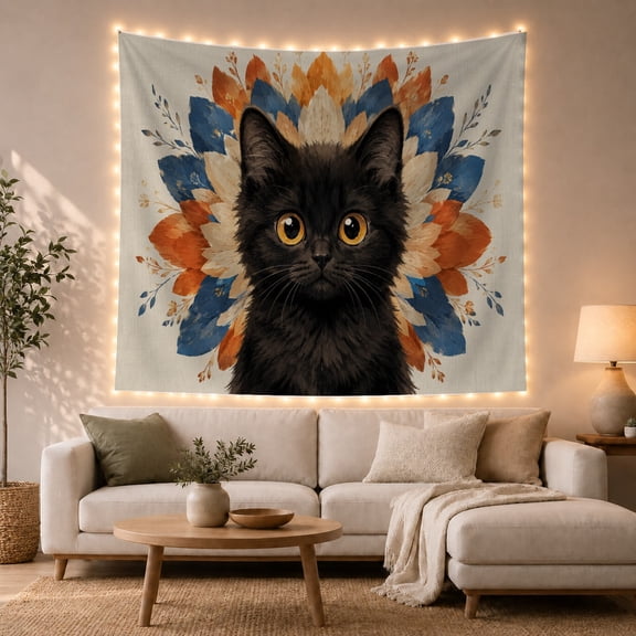 Black Kitten in Radiating Floral Mandala, Whimsical Boho for Cat Lovers, Feline Wall Art, Housewarming Gift, Tapestry Wall Hanging for Living Room, Bedroom and Dorm
