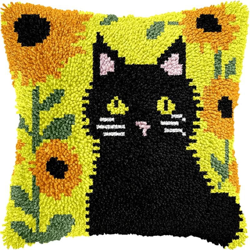 Black Kitten & Sunflowers Latch Hook Pillow Kits Cushion Pillowcase with Pattern Printed Canvas Sofa Hooking Pillows Crafts Embroidery Latch Hooking Crochet Kits 17x17 inch(92)