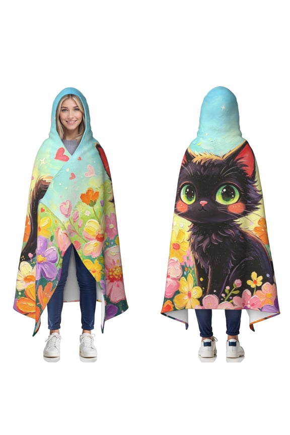 Black Kitten Wearable Blanket Hoodies for Women Men Adults Kitten Lovers Soft Plush Colorful Floral Kittens Hooded Blankets for Bedding Camping Decor Birthday Gifts 50X60 Inch