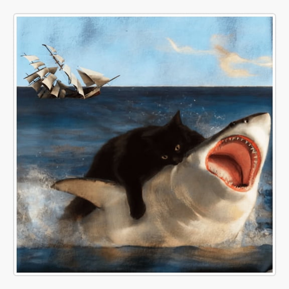 Black Kitty Attacking Great White Shark Nom Vinyl Decal Sticker