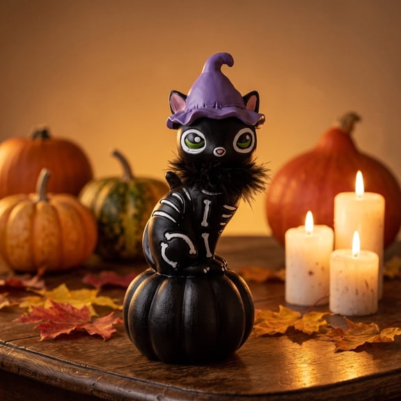 Black Kitty Pumpkin Figurine, Skeleton Cat with Witch Hat Resin Ornament, Halloween Table Shelf Decor for Home Accent(Black)