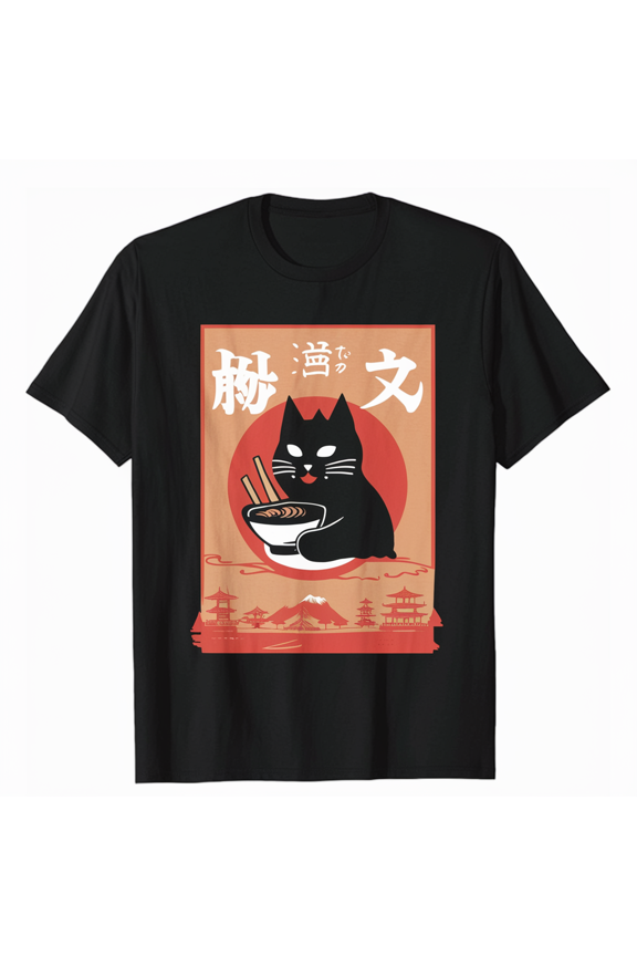 Black Kitty Ramen Bowl Cute Kawaii Otaku Japan Kanji Anime Otaku Manga Gift Tee