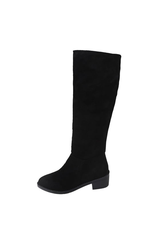 Black Knee-High Boots For Women Round Pointed Toe Thick Heel Low Heel Comfortable Casual Wear Stitching Design Plush Upper