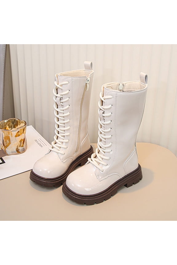 Black Knee High Boots,Girls Boots Fashion Side Zipper for Children Lace Up Leather Mid Calf for Daily Wear,Girls White Lace Up Boots,01 White,5-5.5Years