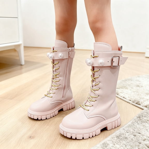 Black Knee High Boots,Girls Fashion Boots Winter Autumn for Teens Pearl Buckle Golden Laces High Top Footwear,Boys Work Boots,03 Red,8-9 Years