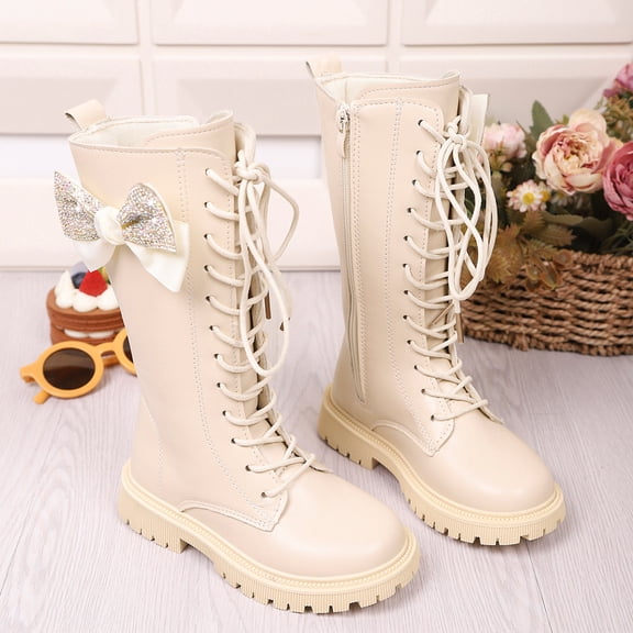Black Knee High Boots,Kids Leather Boots Fashionable Flat for Children Soft Sole Comfortable Boots for Daily,Toddler Waterproof Boots,01 White,9-9.5 Years